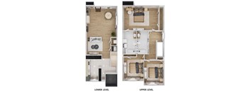 A floor plan of a two-level apartment with labeled sections.