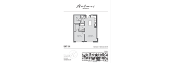 A floor plan for a Holmes Beverly apartment unit, showing a bedroom, living room, and bathroom.