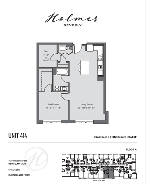 A floor plan for a Holmes Beverly apartment unit, showing a bedroom, living room, and bathroom.