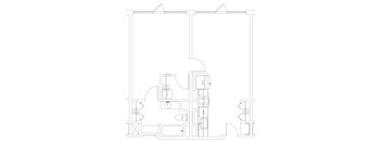 A black and white architectural floor plan shows a layout with a rectangular room, a square room, and a circular object.