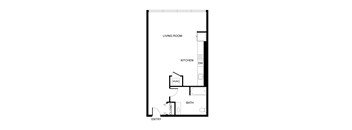 A floor plan of a small apartment with a living room, kitchen, bathroom, and entry.