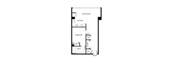 A floor plan of a small apartment with a living room, kitchen, bedroom, bathroom and closet.