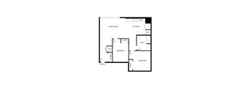 A floor plan of a home with two bedrooms, a living room, a kitchen, and a bathroom.