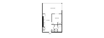 A floor plan of a small apartment with a living room, bedroom, kitchen, and bathroom.