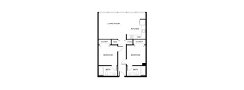 A floor plan of a house with two bedrooms, a living room, a kitchen, two bathrooms, and two closets.