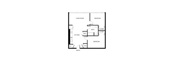 A floor plan of a small apartment with a living room, kitchen, bathroom and two bedrooms.