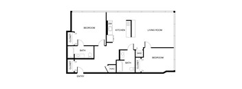 A floor plan of a house with a living room, two bedrooms, a kitchen, a bathroom, and an entry.