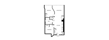 A floor plan of a home with two bedrooms, a living room, a kitchen, a bath, and an entry.