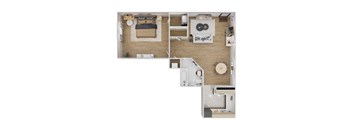 A top down view of a small apartment with a bedroom, living room, kitchen, and bathroom.