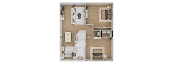 A top-down view of a small apartment with a kitchen, living room, and bathroom.