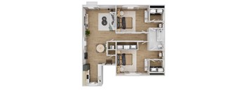 A top-down view of a modern apartment layout with a kitchen, living room, and bathroom.