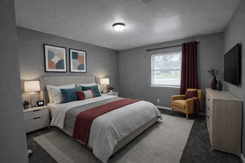 A bedroom with a large bed and a chair.