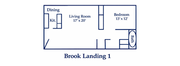 A floor plan of a Brook Landing 1 apartment with a bedroom, living room, dining area and kitchen.