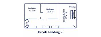 A floor plan of a Brook Landing 2 apartment with two bedrooms, a living room, a dining room, a kitchen, and a bath.
