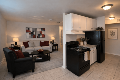 A black and white kitchen with a black refrigerator and stove.