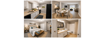 A series of images showing a well-lit, modern, and clean apartment interior.