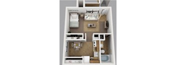 a 3d drawing of a small apartment with a bedroom and bathroom