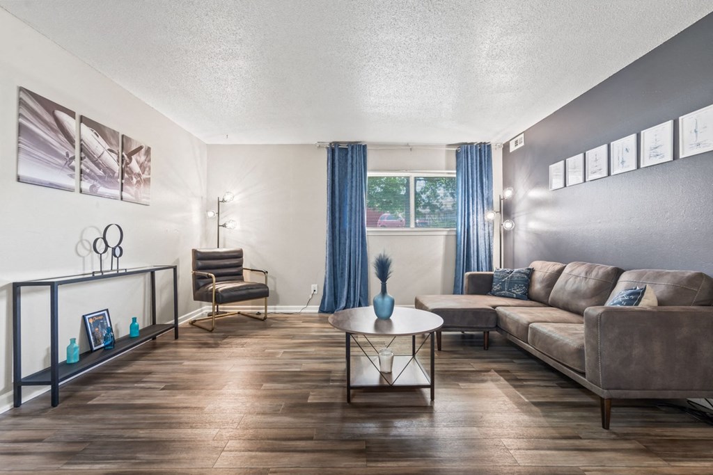 a living room with a couch and a coffee table