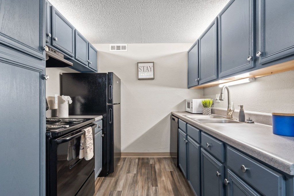 a kitchen with blue cabinets and a black stove and refrigerator