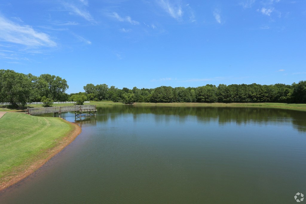 A serene lake surrounded by lush greenery under a clear blue sky.