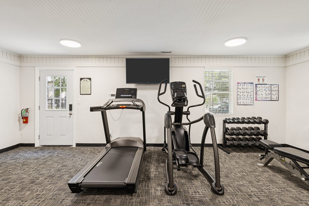 A gym with a treadmill, a stationary bike, and a bench press.