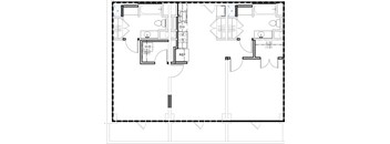 A floor plan of a building with two bedrooms, a living room, a dining room, a kitchen, a bathroom, and a laundry room.