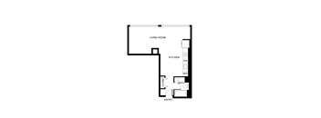 A floor plan of a small apartment with a living room, kitchen, bathroom, and entry.