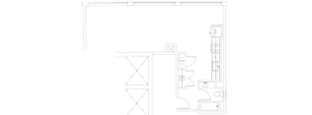 A floor plan of a room with a kitchen area and a bathroom.