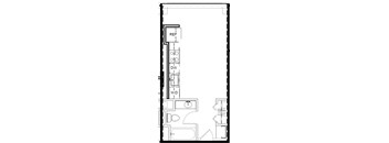 A drawing of a floor plan of a room with furniture and appliances.