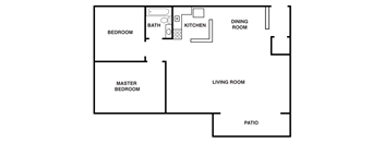 A simple black and white floor plan of a house with labeled rooms.