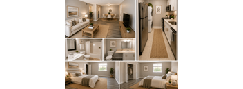 A series of images showcasing a well-lit, modern, and spacious interior of a house with a kitchen, living room, and two bedrooms.