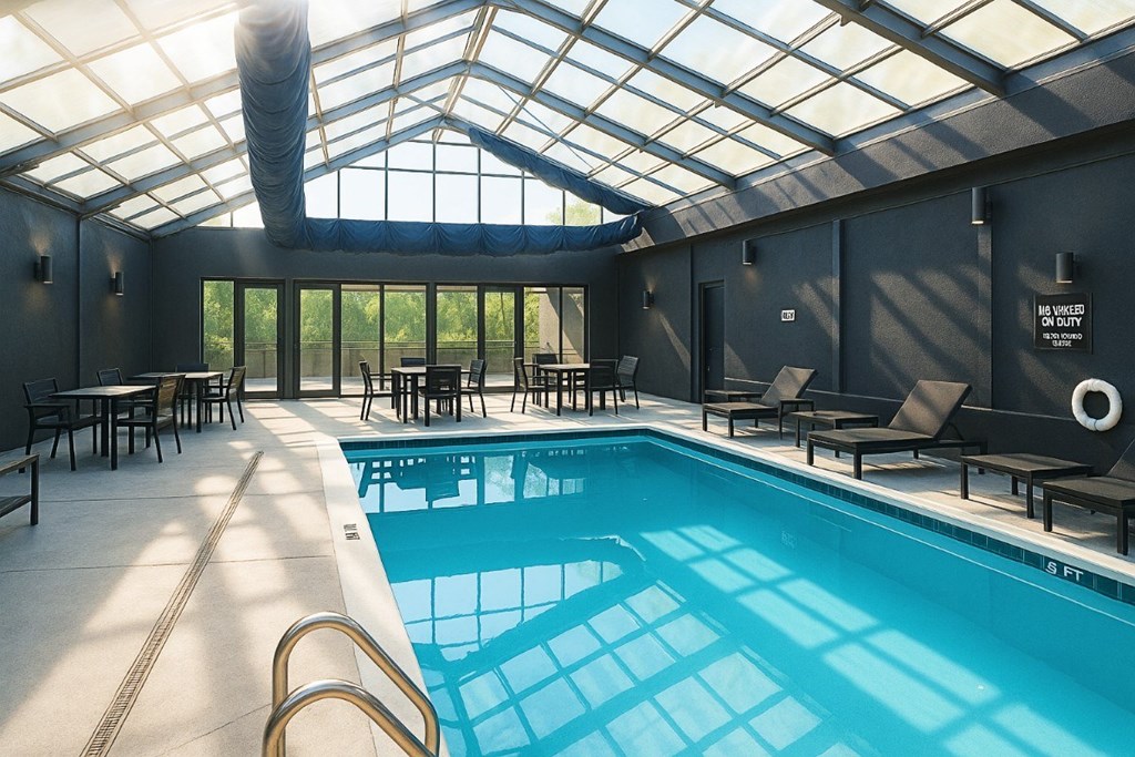 A swimming pool inside a building with a glass ceiling.