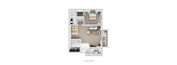 A floor plan of a small apartment with a kitchen, living room, and two bedrooms.