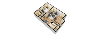 A 3D floor plan of a small apartment with a kitchen, living room, and bathroom.