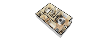 A 3D floor plan of a house with a kitchen, living room, and two bedrooms.