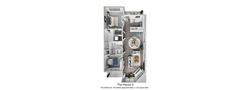 A floor plan of a two bedroom apartment with two bathrooms.