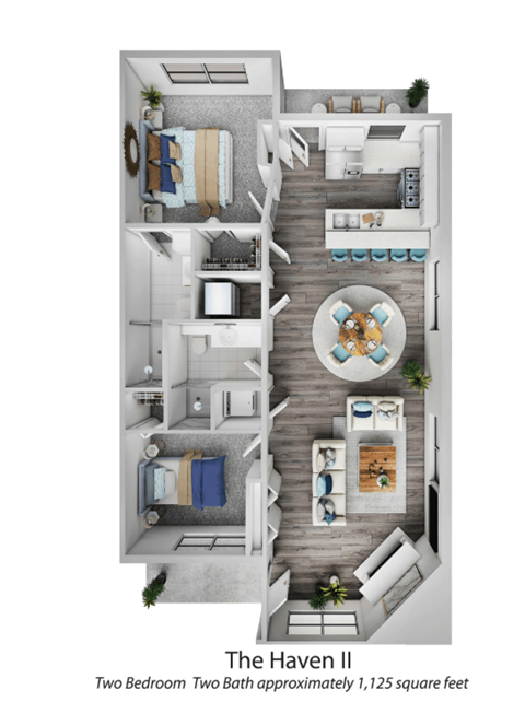 A floor plan of a two bedroom apartment with two bathrooms.