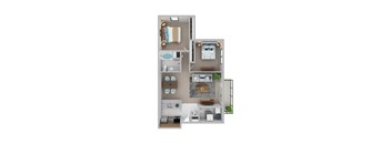 A floor plan of a small apartment with a kitchen, living room, and bathroom.