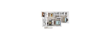 A floor plan of a small apartment with a kitchen, living room, and bathroom.