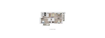 A floor plan of a house with a kitchen, living room, and two bedrooms.
