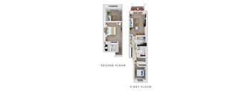 A diagram of a two-story apartment with the first floor containing a living room, kitchen, and dining area, and the second floor containing two bedrooms and a bathroom.