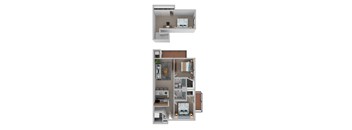 A floor plan of a two-bedroom apartment with a kitchen and living room.