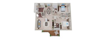 A top-down view of a small apartment with a living room, kitchen, dining area, and bedroom.