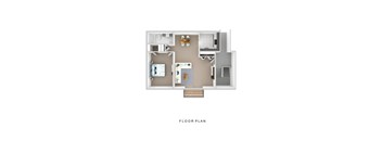 A floor plan of a house with a kitchen, living room, and bathroom.
