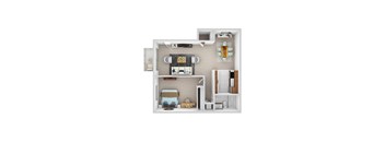 A top-down view of a small apartment with a bedroom, living room, and kitchen.