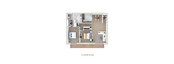 A floor plan of a house with a kitchen, living room, and bathroom.