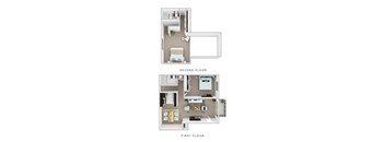 A floor plan of a two-story apartment with labeled first and second floors.