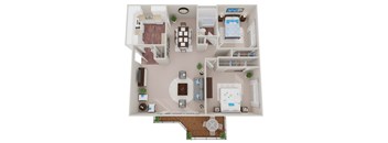 A top-down view of a house layout with a living room, dining room, kitchen, and bedrooms.