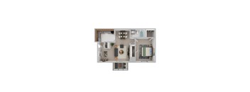 A top down view of a small apartment with a kitchen, living room, and bathroom.