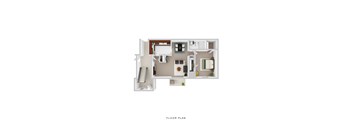 A floor plan of a house with a kitchen, living room, and bathroom.